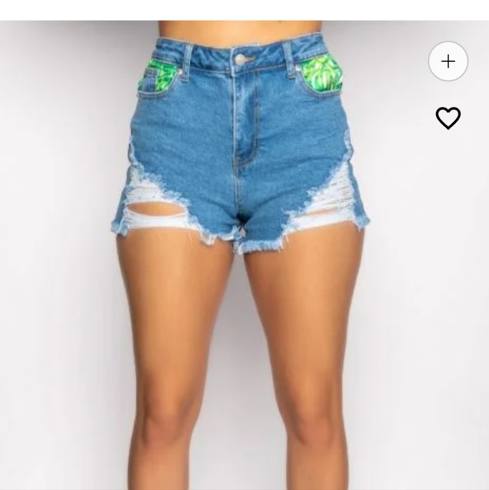 Denim shorts leaf print high rise Distressed